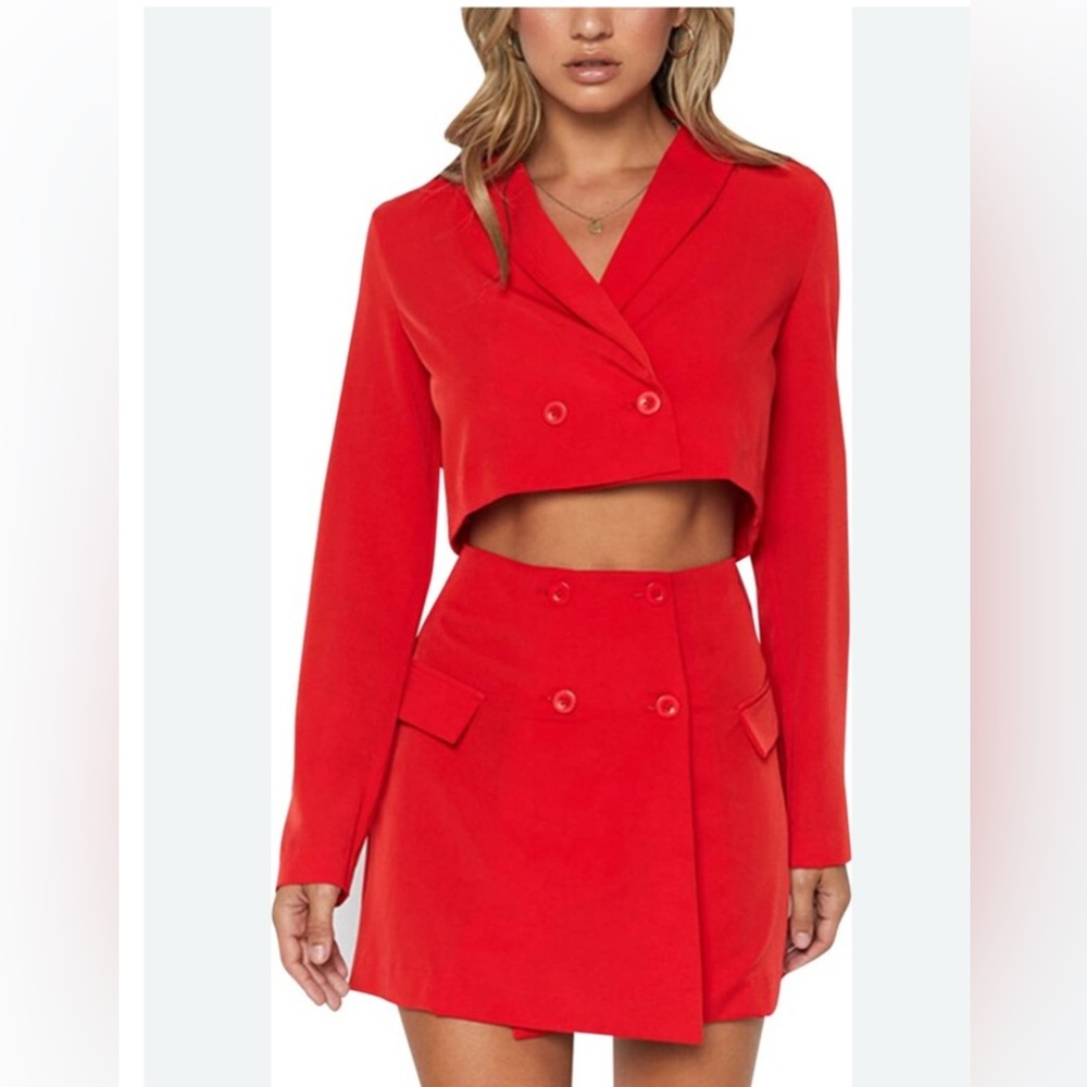 Red Cropped Blazer and Skirt Set